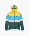 Felpa con cappuccio e zip integrale, blocchi giallo, azzurro e verde, vista frontale