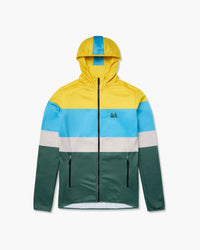 Felpa con cappuccio e zip integrale, blocchi giallo, azzurro e verde, vista frontale