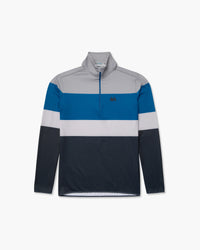 Midlayer Redwood con mezza zip e collo alto, blocchi orizzontali grigio, blu e nero, vista frontale