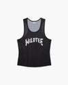 Canotta Metal Logo in mesh nera con scritta Wild Tee in caratteri gotici bianchi sul petto, vista frontale