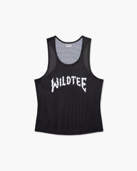 Canotta Metal Logo in mesh nera con scritta Wild Tee in caratteri gotici bianchi sul petto, vista frontale
