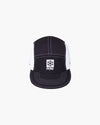 Cappellino 5-panel nero con patch bianca Protect Our Winters e cuciture a contrasto, vista frontale