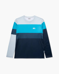 Maglia maniche lunghe Color Block a blocchi orizzontali azzurro e blu notte, vista frontale