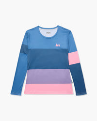 Maglia maniche lunghe Color Block a blocchi orizzontali azzurro, rosa e blu, vista frontale