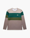 Maglia maniche lunghe Color Block a blocchi orizzontali verde e tortora, vista frontale