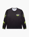 Maglia maniche lunghe Trail Wanderer nera con logo ovale sul petto e grafiche lime sulle maniche, vista frontale