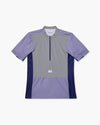Maglietta Trail Race Zip con mezza zip, pannello anteriore grigio e inserti viola su spalle e fianchi, vista frontale