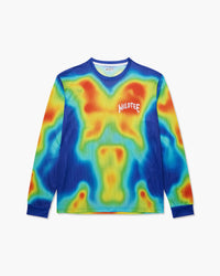 Maglia maniche lunghe Heatmap con stampa a mappa termica nei toni blu, verde, giallo e rosso, vista frontale