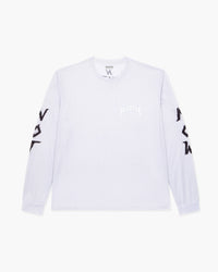 Maglia maniche lunghe Not Now bianca con scritte nere sulle maniche e logo sul petto, vista frontale