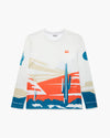 Maglia maniche lunghe Javelina Desert bianca con stampa di deserto in arancio e blu sul fondo, vista frontale