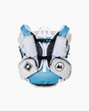 Zaino CROSS Hypervest bianco in Dyneema con spallacci a gilet, tasche frontali e inserti azzurri, vista posteriore