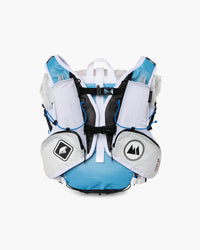 Zaino CROSS Hypervest bianco in Dyneema con spallacci a gilet, tasche frontali e inserti azzurri, vista posteriore