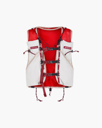 Running vest T2 Ultra 10 rosso e bianco con spallacci a gilet, tasche frontali e cinghie regolabili, vista frontale
